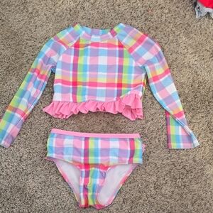 crown & ivy Pink and Blue Plaid Kids Swim Rashguard
